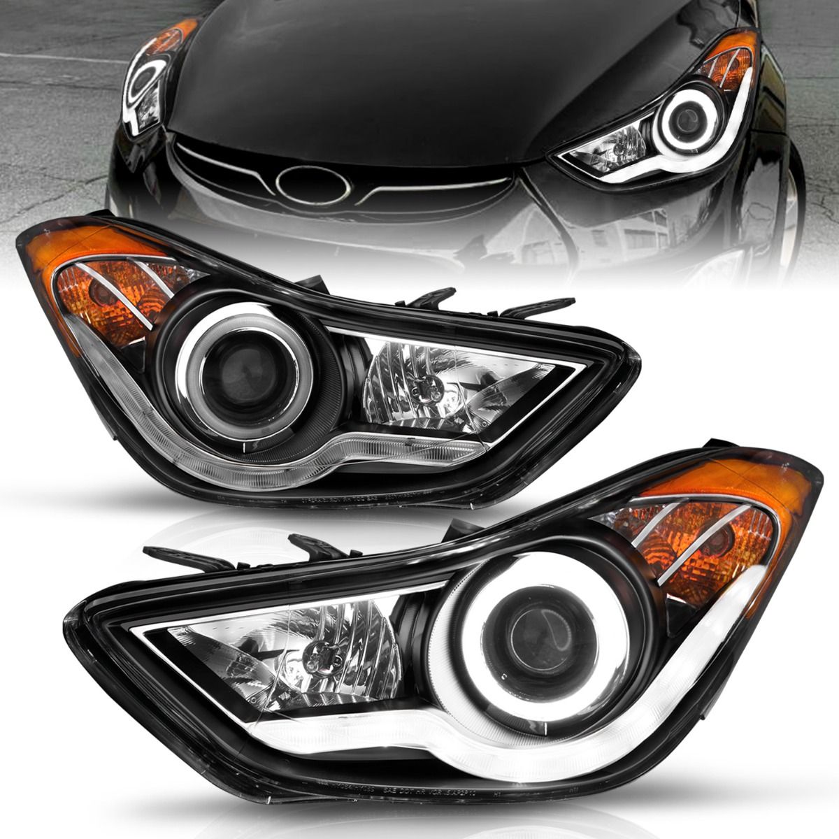 2011-2013 HYUNDAI ELANTRA PROJECTOR HEADLIGHTS BLACK W/ RX HALO