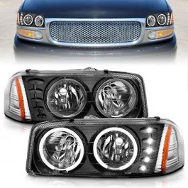 GMC SIERRA 99-06 / YUKON/ XL 00-06 / DENALI MODELS 01-06 CRYSTAL LED HALO  HEADLIGHTS BLACK