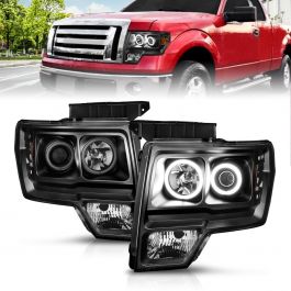 FORD F-150 09-14 PROJECTOR HEADLIGHTS BLACK W/ RX HALO (FOR HALOGEN MODELS  ONLY)