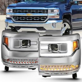 CHEVY SILVERADO 1500 16-18 PROJECTOR PLANK STYLE HEADLIGHTS CHROME W/  SEQUENTIAL SIGNAL (FOR HID, NO HID BULB INCLUDED)