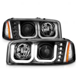 Don't Get Left in The Dark ~ GMC SIERRA 99-06 / YUKON/ XL 00-06 / DENALI  MODELS 01-06 PROJECTOR HEADLIGHTS U-BAR BLACK CLEAR - ANZO USA