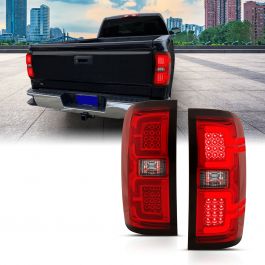 CHEVY SILVERADO 14-18 1500 / 15-19 2500HD/3500HD / GMC SIERRA 15-19  2500HD/3500HD DUALLY LED LIGHT BAR STYLE TAIL LIGHTS CHROME RED/CLEAR LENS 