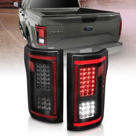 FORD F-150 15-17 FULL LED TAIL LIGHTS BLACK SMOKE LENS W/ SEQUENTIAL SIGNAL  (RED LIGHT BAR)