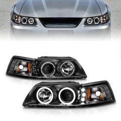 FORD MUSTANG 99-04 PROJECTOR HEADLIGHTS W/ BLACK HOUSING AND LED HALOS 