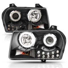 CHRYSLER 300 05-10 PROJECTOR HALO HEADLIGHTS BLACK W/ RX HALO & LED