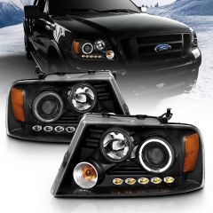 FORD F-150 04-08 / LINCOLN LT 06-08 PROJECTOR HEADLIGHTS BLACK W/ SINGLE HALO & LED