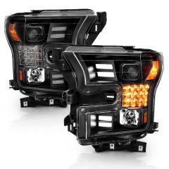 FORD F-150 15-17 PROJECTOR BAR STYLE HEADLIGHTS BLACK W/ SEQUENTIAL SIGNAL (FOR HALOGEN MODELS ONLY)