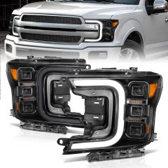 FORD F-150 18-20 FULL LED PROJECTOR SMOKED C-BAR HEADLIGHTS BLACK CLEAR LENS W/ SEQUENTIAL SIGNAL (FACTORY HALOGEN MODEL ONLY)