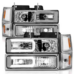 CHEVY BLAZER (FULL SIZE) 94 / CHEVY C/K1500 94-99 / 2500/3500 94-00 / SUBURBAN 94-99 / TAHOE 95-99 CRYSTAL C BAR STYLE HEADLIGHTS W/ SIGNAL & SIDE MARKERS (8PCS) SET CHROME (BULBS NOT INLCUDED)