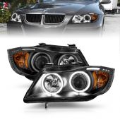 BMW 3 SERIES E90/E91 06-08 PROJECTOR HEADLIGHTS BLACK W/ RX HALO AND LED BAR