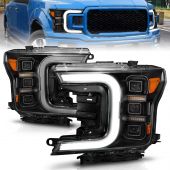 FORD F-150 18-20 FULL LED PROJECTOR C-BAR HEADLIGHTS BLACK W/ SEQUENTIAL SIGNAL (FACTORY HALOGEN MODEL)