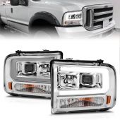 FORD F-250/350/450/550 SUPER DUTY 05-07/EXCURSION 05 PLANK STYLE PROJECTOR HEADLIGHTS CHROME HOUSING WITH AMBER