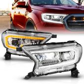 FORD RANGER 19-23 FULL LED PROJECTOR HEADLIGHTS CHROME W/ INITIATION & SEQUENTIAL (FACTORY HALOGEN MODEL)