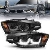 BMW 3 SERIES F30 4DR 12-15 PROJECTOR U-BAR HEADLIGHTS BLACK (FOR HALOGEN MODEL)