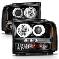 FORD F-250/350/450/550 SUPERDUTY 05-07 / EXCURSION 05 LED PROJECTOR HALO HEADLIGHTS BLACK W/ RX HALO 1PC