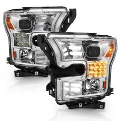 FORD F-150 15-17 PROJECTOR BAR STYLE HEADLIGHTS CHROME W/ SEQUENTIAL SIGNAL (FOR HALOGEN MODELS ONLY)