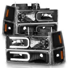 CHEVY BLAZER (FULL SIZE) 94 / CHEVY C/K1500 94-99 / 2500/3500 94-00 / SUBURBAN 94-99 / TAHOE 95-99 CRYSTAL C BAR STYLE HEADLIGHTS W/ SIGNAL & SIDE MARKERS (8PCS) SET BLACK (BULBS NOT INCLUDED)