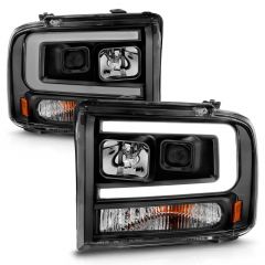 FORD F-250/350/450/550 SUPER DUTY 05-07 / EXCURSION 05 PLANK STYLE PROJECTOR HEADLIGHTS BLACK HOUSING W/ AMBER