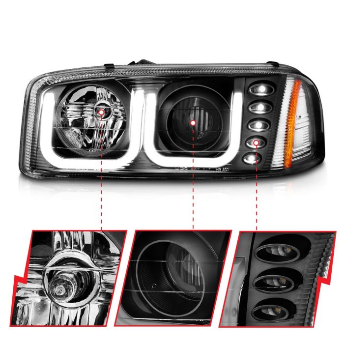 GMC SIERRA 99-06 / YUKON/ XL 00-06 / DENALI MODELS 01-06 PROJECTOR  HEADLIGHTS U-BAR BLACK CLEAR