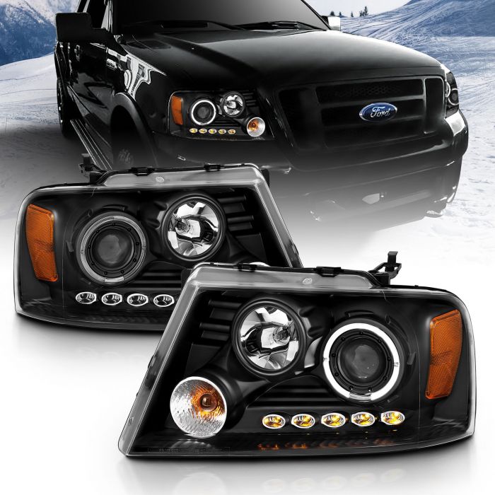 ANZO USA Don't Get Left in The Dark FORD F-150 04-08 LINCOLN LT 06-08 PROJECTOR  HEADLIGHTS BLACK W/ SINGLE HALO  LED