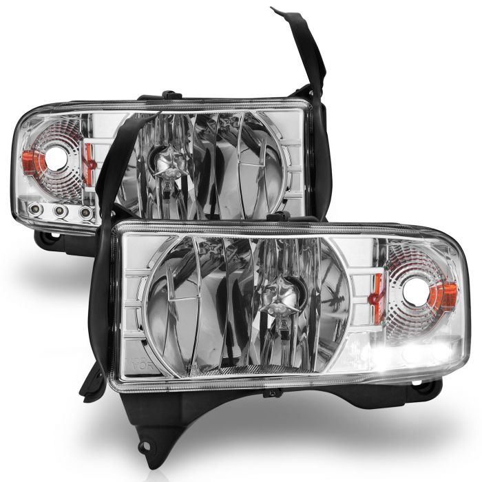 DODGE RAM 1500 94 01 RAM 2500 3500 94 02 RAM SPORT MODEL 94 98 CRYSTAL HEADLIGHTS CHROME W LED ACCENT 1PC