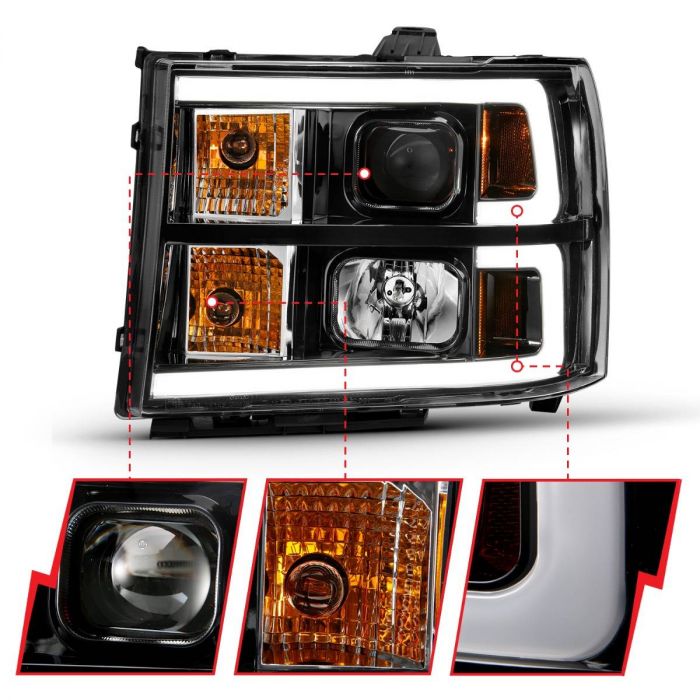 GMC SIERRA 1500 07 13 2500HD 3500HD 07 14 PROJECTOR HEADLIGHT PLANK STYLE BLACK