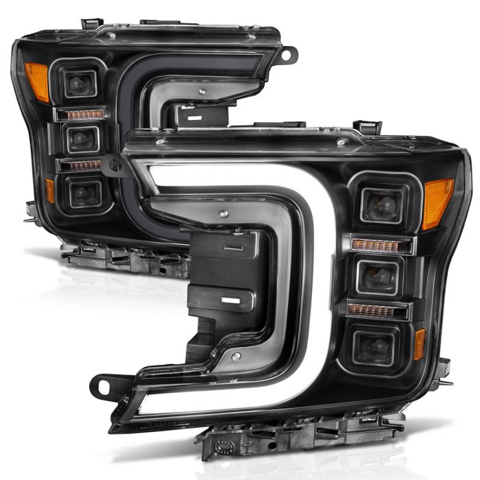 FORD F-150 18-20 FULL LED PROJECTOR SMOKED C-BAR HEADLIGHTS BLACK CLEAR  LENS W/ SEQUENTIAL SIGNAL (FACTORY HALOGEN MODEL ONLY)