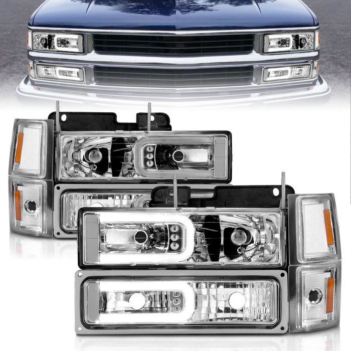 Spec-D Tuning Black Housing Clear Lens Headlights w/LED Light Bar Compatible with Chevy GMC C10 C/K 1500 2500 3500 1988-1998 Suburban Tahoe Silverado Sierra L+R Pair Head Light Lamp Assembly 