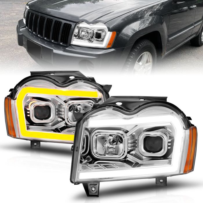 JEEP GRAND CHEROKEE 05-07 PROJECTOR SWITCHBACK PLANK STYLE HEADLIGHTS CHROME 