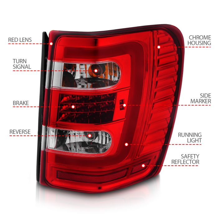 JEEP GRAND CHEROKEE 99 04 LED C BAR TAIL LIGHTS CHROME RED CLEAR LENS