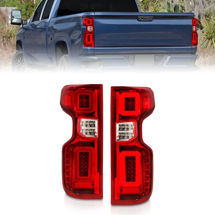 CHEVY SILVERADO 1500 19-23 / 2500HD/3500HD 20-23 FULL LED TAIL LIGHTS CHROME RED/CLEAR LENS W/ SEQUENTIAL SIGNAL (FACTORY LED MODELS)