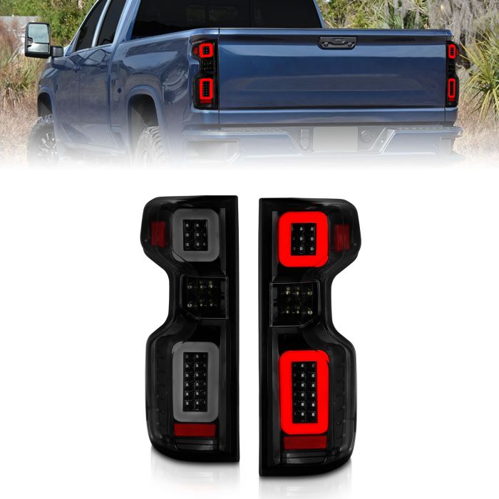 CHEVY SILVERADO 1500 19-23 / 2500HD/3500HD 20-23 FULL LED TAIL LIGHTS BLACK SMOKE LENS W/ SEQUENTIAL SIGNAL (FACTORY HALOGEN BULB MODELS)